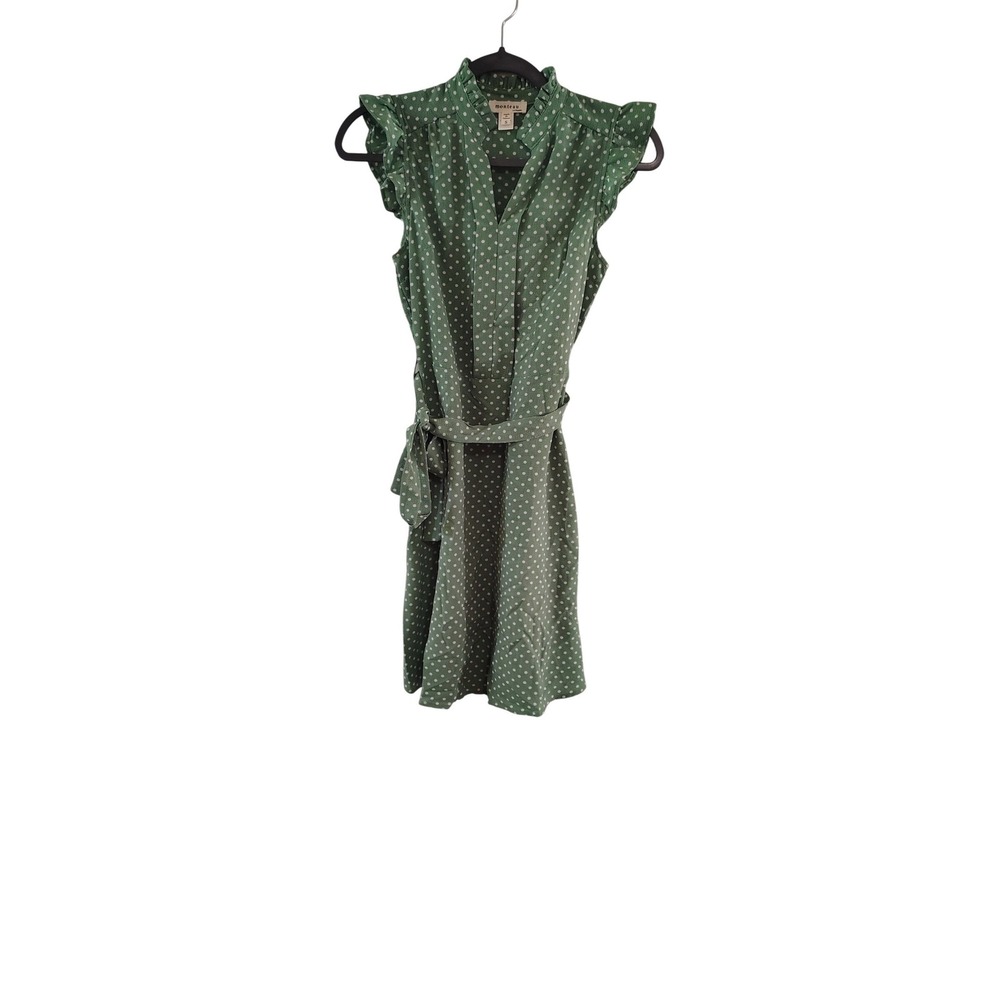 Monteau Los Angeles Green Polka Dot Ruffle Neck Belted Sleeveless Dress Small